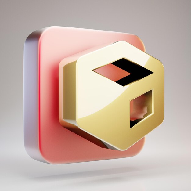 Photo icône de cube. symbole de cube d'or sur plaque d'or rouge mat. icône de médias sociaux en rendu 3d.