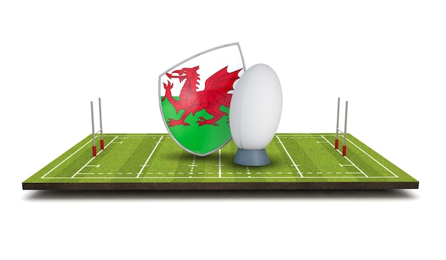 Icône de drapeau de bouclier de rugby du Pays de Galles avec ballon de rugby rendu 3D