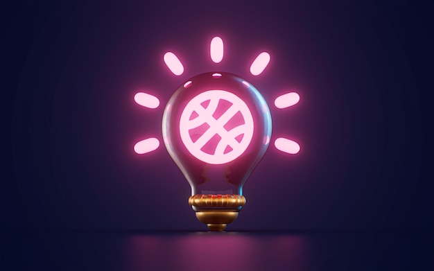 icône dribbble brillant à l'intérieur de l'ampoule sur fond sombre concept de rendu 3d