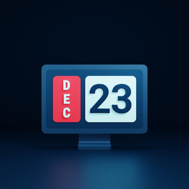 L'icône du calendrier de décembre Illustration 3D avec la date du moniteur de bureau le 23 décembre