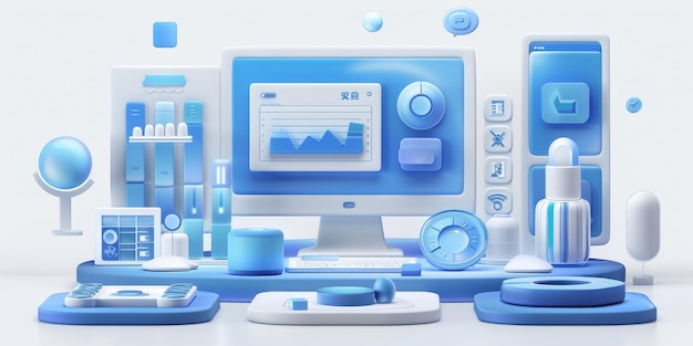 Icône du système de gestion d'entreprise thème de gradient bleu style d'illustration plate rendu 3D