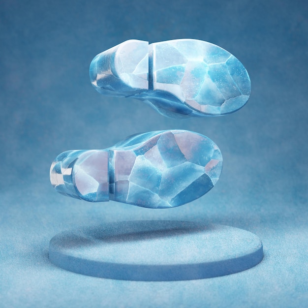 Icône d'empreintes de chaussures. Symbole d'impressions de chaussures à glace bleu craquelé sur le podium de neige bleue. Icône de médias sociaux pour site Web, présentation, élément de modèle de conception. rendu 3D.