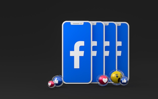 L'icône Facebook sur l'écran du smartphone et les réactions facebook aiment, wow, comme les emoji avec espace de copie