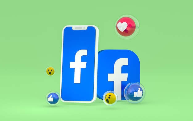 Icône Facebook sur écran smartphone et réactions facebook amour, wow, comme emoji avec espace de copie