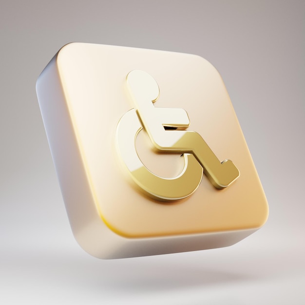 Icône de fauteuil roulant. Symbole de fauteuil roulant d'or sur la plaque d'or mat. Icône de médias sociaux en rendu 3D.