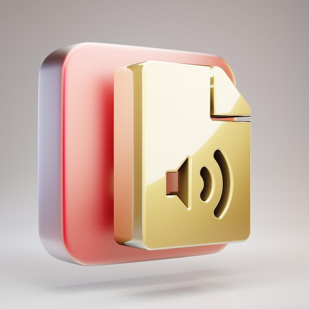 Icône de fichier audio. Symbole de fichier audio doré sur plaque d'or rouge mat. Icône de médias sociaux en rendu 3D.