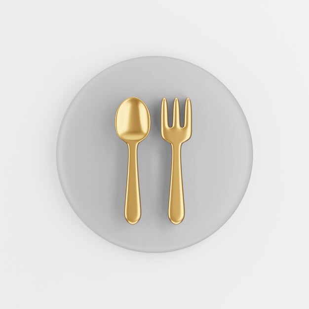 Icône de fourchette et cuillère d'or en style cartoon. Touche de bouton rond gris de rendu 3D, élément d'interface ux ui.