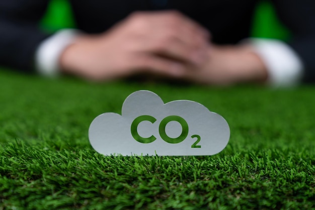 Photo icône de gaz co2 concentrés sur l'herbe avec un fond flou gyre