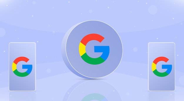 Photo icône google bouton rond avec deux téléphones avec logo google sur les écrans 3d