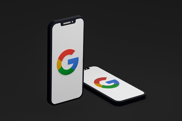 Icône Google sur le rendu 3d du smartphone ou du téléphone portable à l'écran