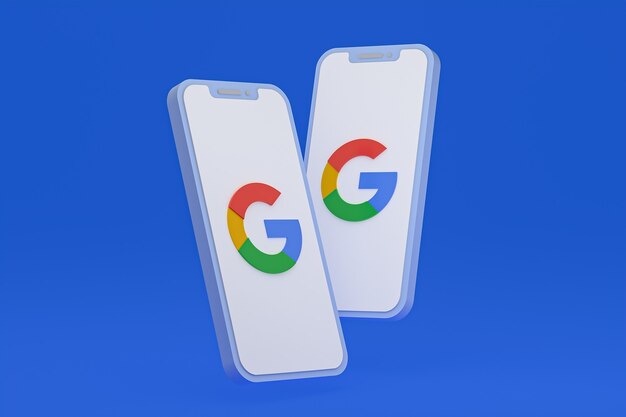 Icône Google sur le rendu 3d du smartphone ou du téléphone portable à l'écran