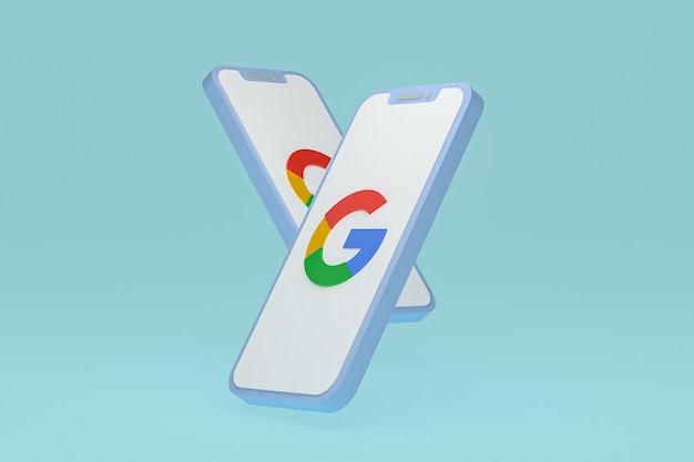 Icône Google sur le rendu 3d du smartphone ou du téléphone portable à l'écran