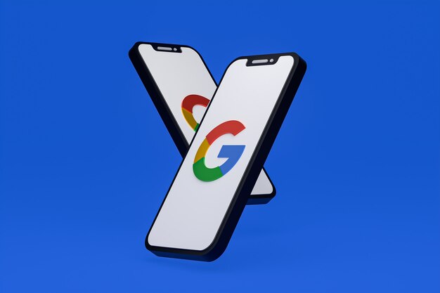 Icône Google sur le rendu 3d du smartphone ou du téléphone portable à l'écran