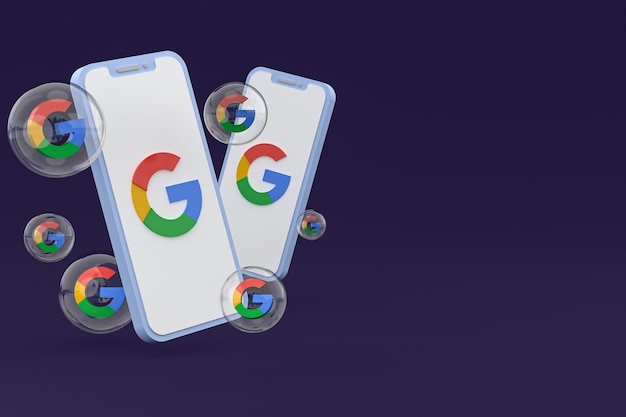 Icône Google sur le rendu 3d du smartphone ou du téléphone portable à l'écran