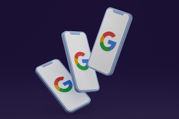 Icône Google sur le rendu 3d du smartphone ou du téléphone portable à l'écran