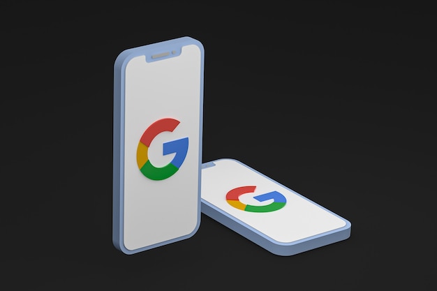 Icône Google sur le rendu 3d du smartphone ou du téléphone portable à l'écran