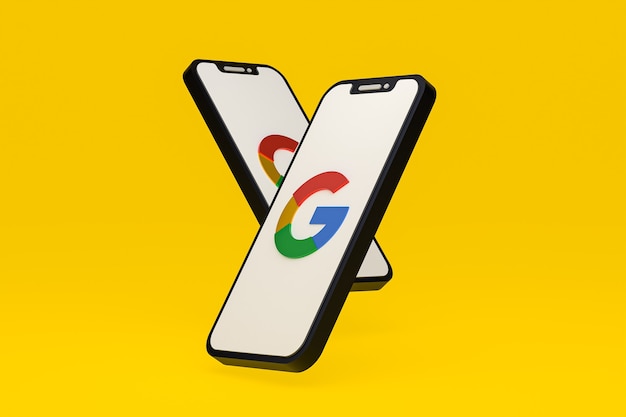Icône Google sur le rendu 3d du smartphone ou du téléphone portable à l'écran
