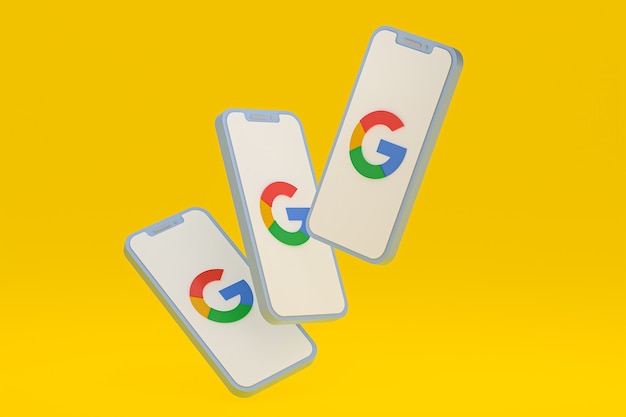 Icône Google sur le rendu 3d du smartphone ou du téléphone portable à l'écran