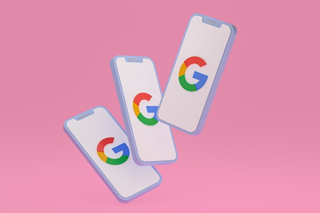 Icône Google sur le rendu 3d des téléphones mobiles à l'écran