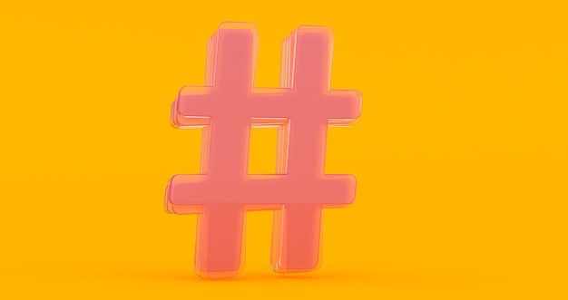 Icône de hashtag verre brillant volumétrique isolé sur fond orange.