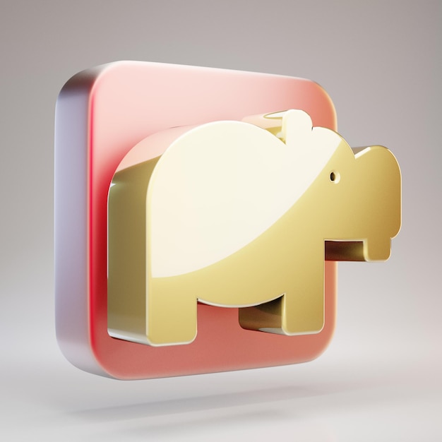 Icône d'hippopotame. Symbole d'hippopotame doré sur plaque d'or rouge mat. Icône de médias sociaux en rendu 3D.