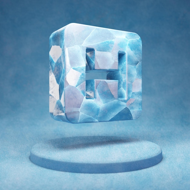 Icône de l'hôpital. Symbole de l'hôpital de glace bleu fissuré sur le podium de la neige bleue. Icône de médias sociaux pour site Web, présentation, élément de modèle de conception. rendu 3D.