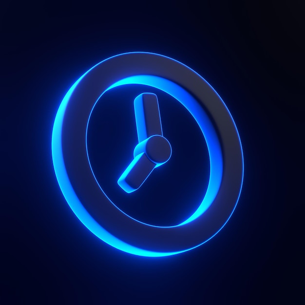 Photo icône d'horloge avec des néons bleus futuristes brillants sur fond noir rendu 3d
