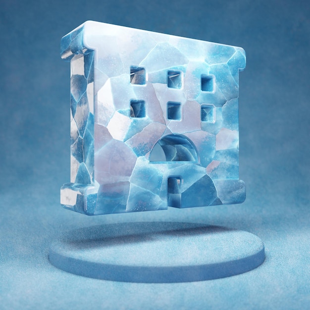 Icône de l'hôtel. Symbole de l'hôtel de glace bleu fissuré sur le podium de la neige bleue. Icône de médias sociaux pour site Web, présentation, élément de modèle de conception. rendu 3D.