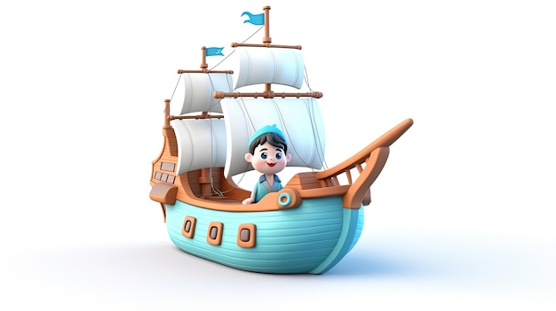 Icône d'illustration de modèle de personnage de navire mignon en 3D isolée sur fond blanc