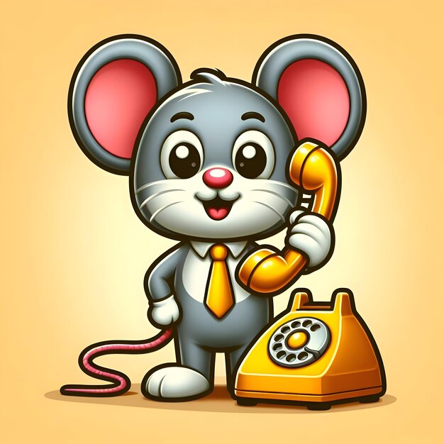 Photo icône d'illustration d'un personnage de souris animé tenant dans sa main un téléphone rétro