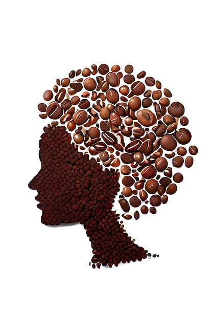 Icône illustration d'une tête de femme noire de profil entièrement faite de café moulu et d'une coiffure