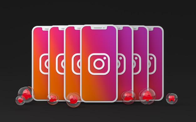 Icône Instagram sur écran smartphone ou mobile et réactions instagram rendu 3d