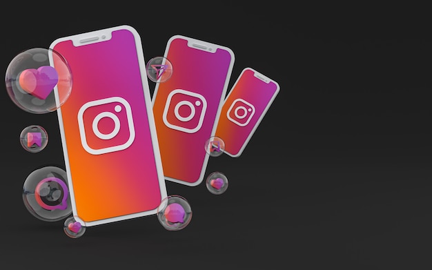 Photo icône instagram sur écran smartphone ou mobile et réactions instagram rendu 3d