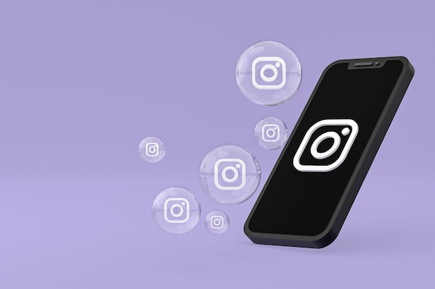 L'icône Instagram sur le smartphone à l'écran ou les réactions mobiles et instagram aiment le rendu 3d sur fond violet