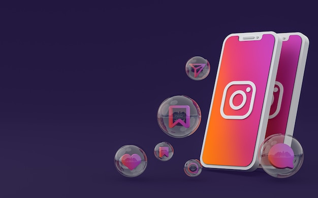 L'icône Instagram sur le smartphone à l'écran ou les réactions mobiles et instagram aiment le rendu 3d