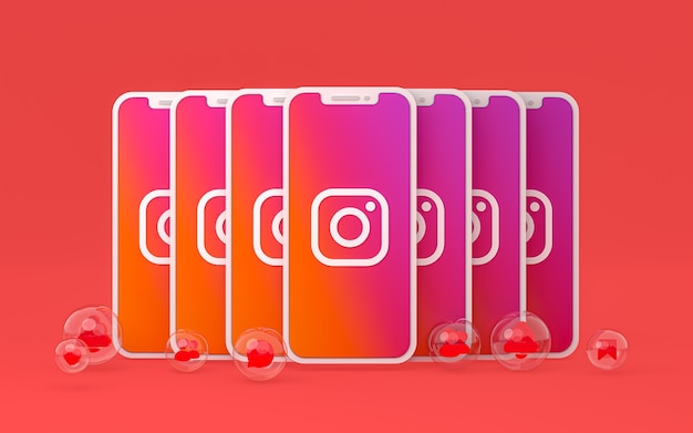 Photo l'icône instagram sur le smartphone à l'écran ou les réactions mobiles et instagram aiment le rendu 3d