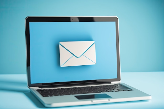 Icône de lettre et de courrier électronique sur l'écran de l'ordinateur portable sur fond bleu Technologie d'intelligence artificielle générative