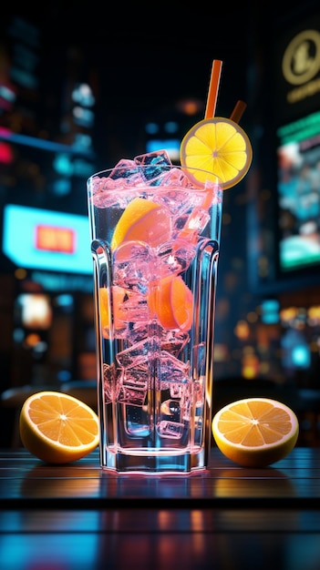 L'icône de limonade éclairée au néon brille symbolisant un rafraîchissement frais au milieu de scènes urbaines animées Mo vertical