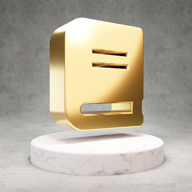 Icône de livre. Symbole de livre brillant d'or sur le podium de marbre blanc. Icône moderne pour site Web, médias sociaux, présentation, élément de modèle de conception. rendu 3D.