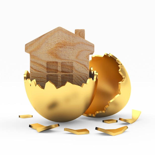 Icône de maison en bois sur coquille d'oeuf cassé doré