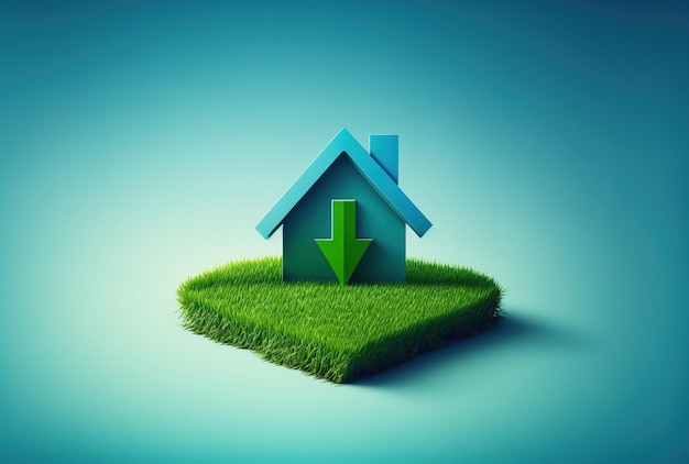 Icône de la maison avec une flèche de localisation sur un fond bleu avec de l'herbe verte