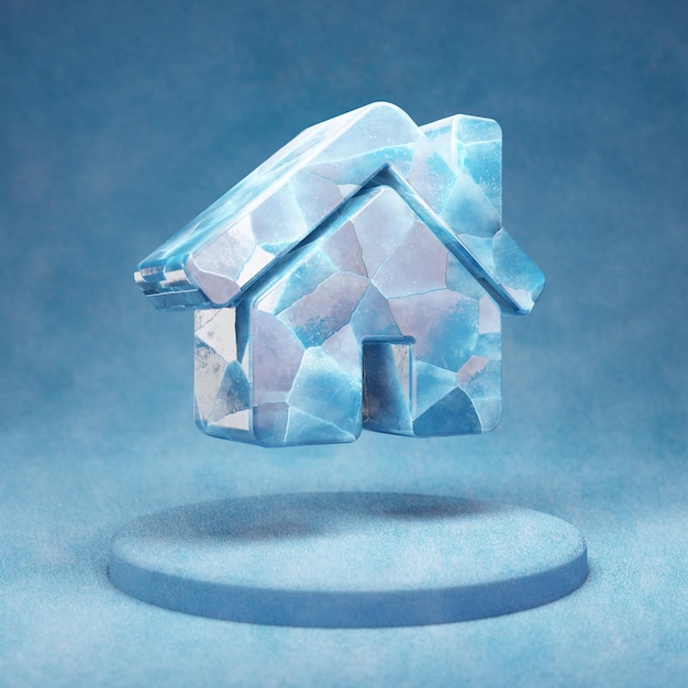 Icône de la maison. Symbole de la maison de glace bleue fissurée sur le podium de la neige bleue. Icône de médias sociaux pour site Web, présentation, élément de modèle de conception. rendu 3D.