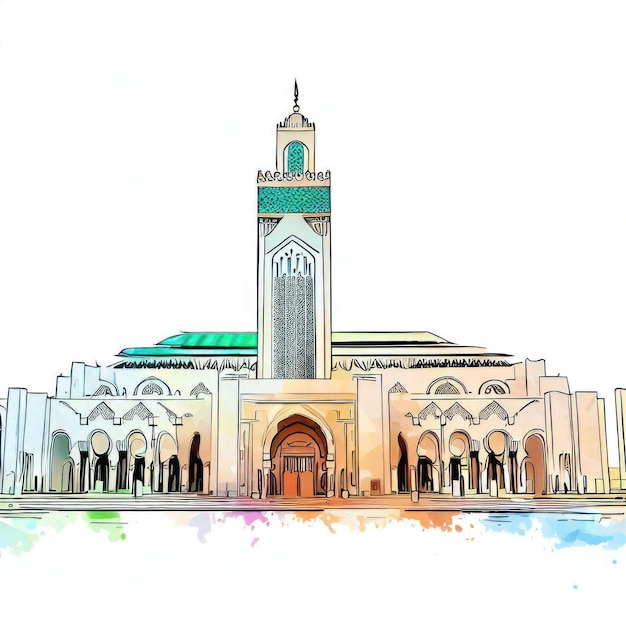 Photo icône marocaine illustration aquarelle de la mosquée hassan ii generative ai