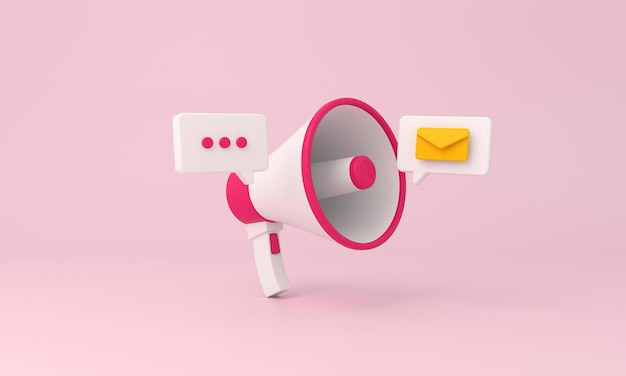 Icône de mégaphone et courrier d'alarme sur fond rose rendu 3D