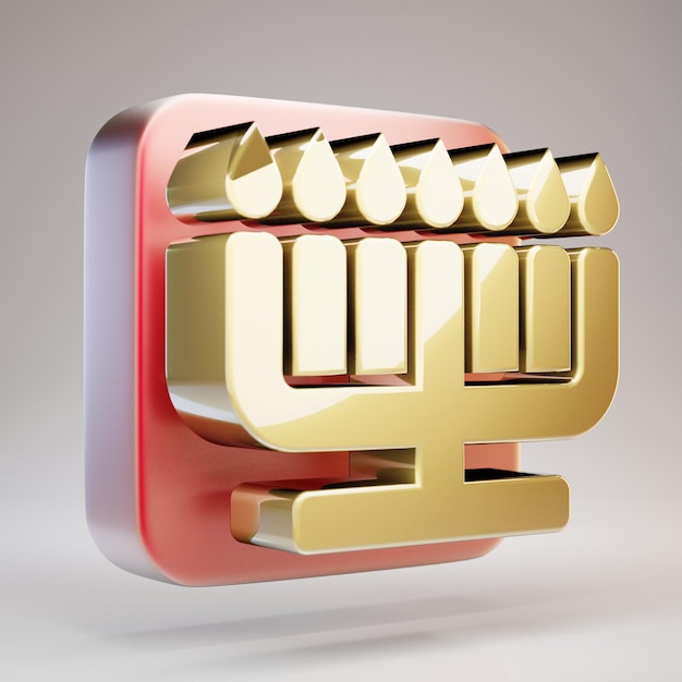 Icône de la menorah. Symbole de Menorah d'or sur la plaque d'or mat rouge. Icône de médias sociaux en rendu 3D.