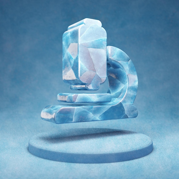 Icône de microscope. Symbole de microscope à glace bleu craquelé sur le podium de la neige bleue. Icône de médias sociaux pour site Web, présentation, élément de modèle de conception. rendu 3D.