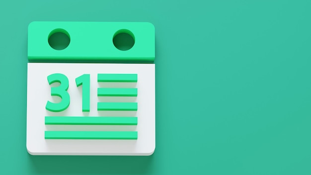 Icône minimale du calendrier Symbole dans le rendu 3D isolé sur fond vert