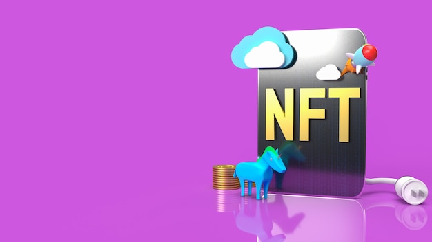 Icône NFT de rendu 3D avec coud, déplacement spatial, cheval bleu, pile de pièces isolée sur fond violet