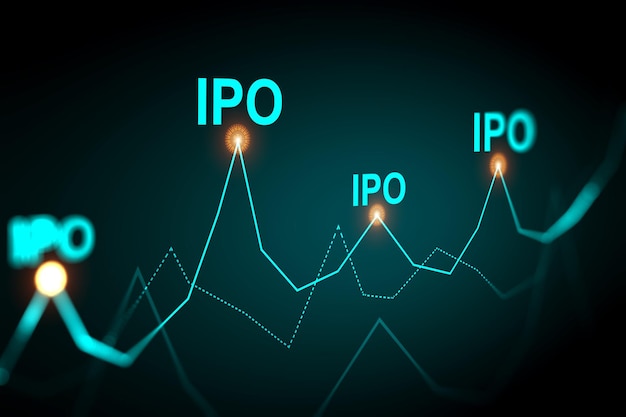 Icône d'offre publique initiale sur fond sombre concept d'investissement en actions IPO rendu 3d