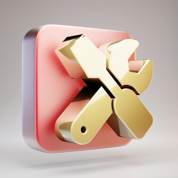 Icône d'outils. Symbole d'outils d'or sur plaque d'or rouge mat. Icône de médias sociaux en rendu 3D.